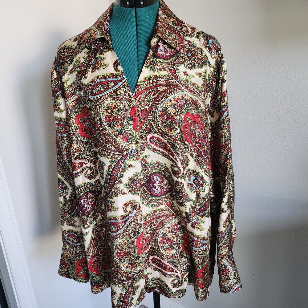 Talbots Woman Pure Silk Button-up Blouse Sz 18W Classic Paisley Quiet Luxury